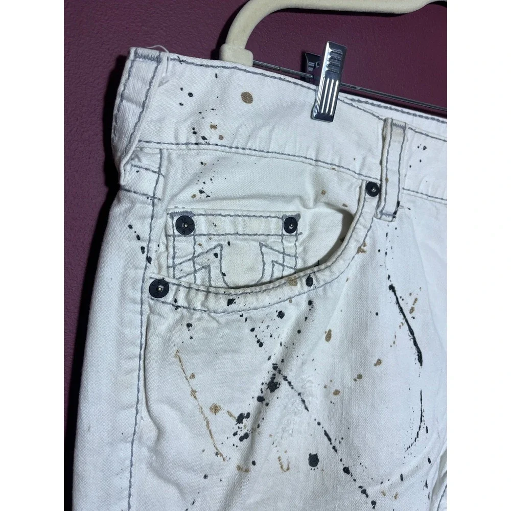 True Religion White Paint Splatter Distressed Skinny Denim Shorts Mens
